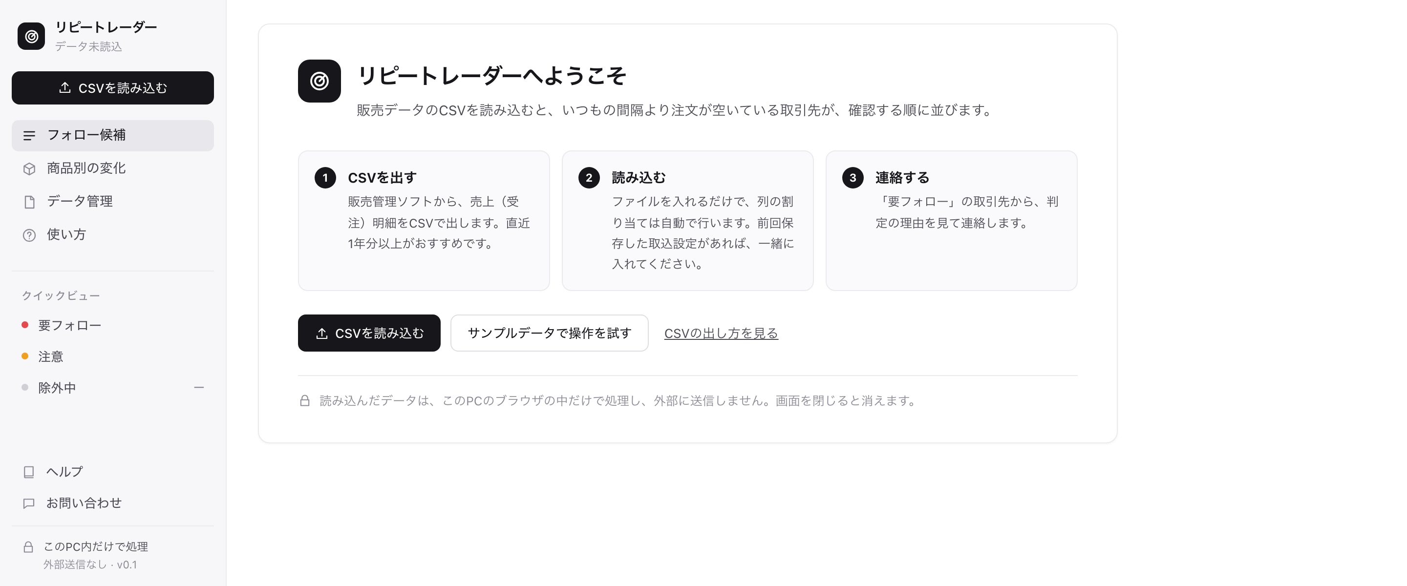 ログイン後に開く「リピートレーダーへようこそ」の画面。CSVを出す・読み込む・連絡するの3つの手順と、CSVを読み込むボタン、サンプルデータで操作を試すボタンがある