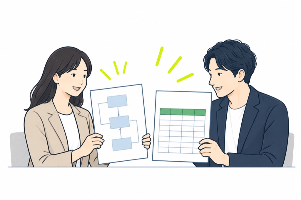 業務フローと管理表を一緒に確認する二人